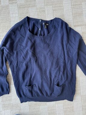 100% Cashmere Aqua Navy Button-Back Sweater